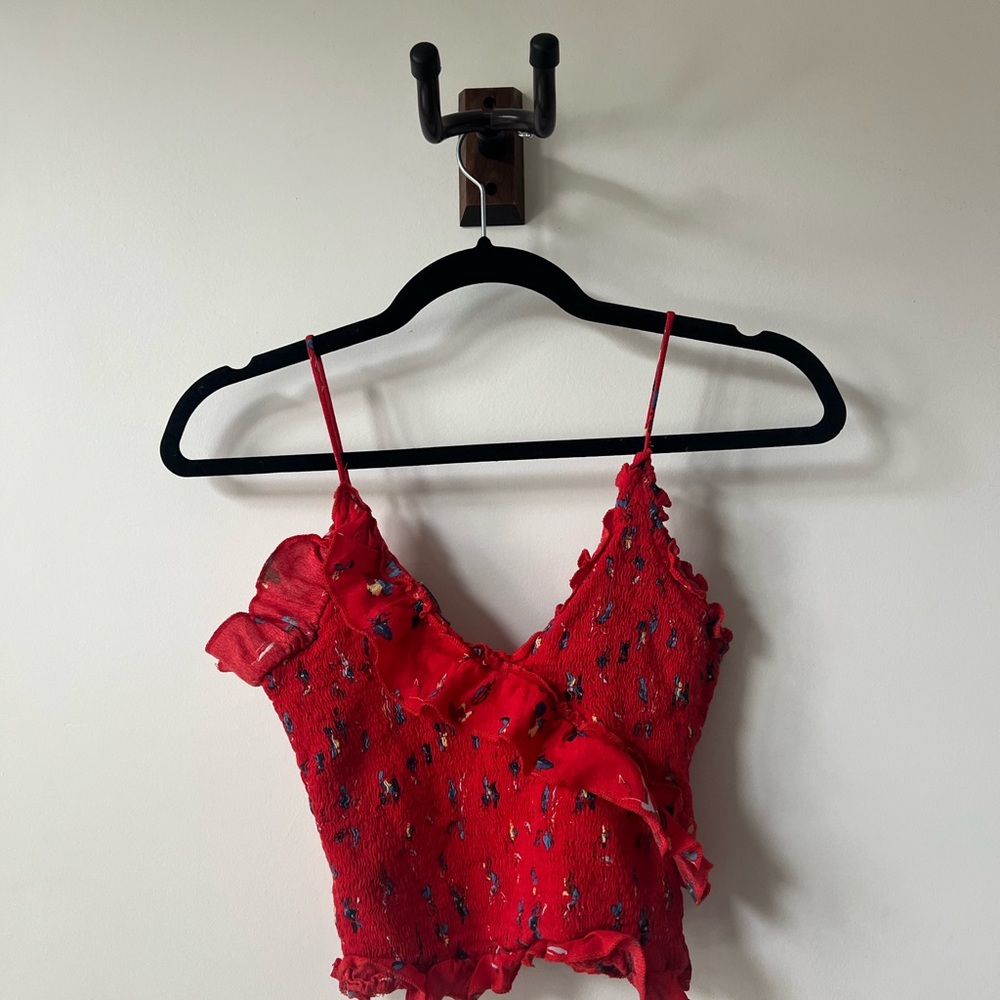 Red Olivaceous Spaghetti Strap Ruffle Crop Top